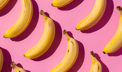 Yellow healthy eating organic bananas pattern design, festive pink color background, summer vibe.