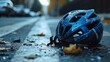 Safety helmet of bike accident in the middle of the road
