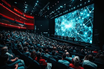 Crowded auditorium watching a presentation on a large screen in front of them