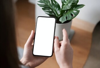 Cell phone white screen mockup, Woman hand holding mobile phone with blank screen while working at coffee shop. Business woman using smartphone, mockup for social media marketing