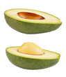 Two slices of avocado isolated on the white background. One slice with core. Design element for product label. File contains clipping path.