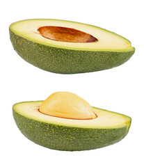 Wall Mural - Two slices of avocado isolated on the white background. One slice with core. Design element for product label. File contains clipping path.
