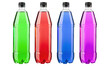 Energy drinks with different flavors isolated on white background. Plastics bottles with colorful liquid.