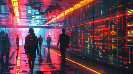 Wall Mural - A group of people walk through a brightly lit, neon-lit tunnel