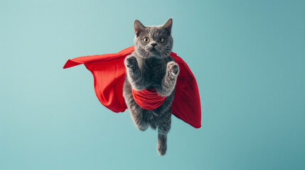 A cat wearing a red cape is flying through the air