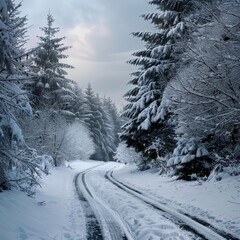 Sticker - a snowy road with trees and snow on it