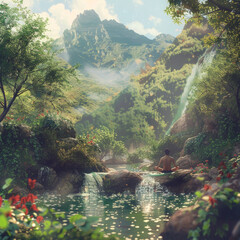 Wall Mural - A man is sitting in a pool of water in a lush green forest