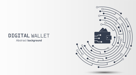 Digital wallet on dark blue circuit background. Digital wallet application internet banking. Mobile banking, online finance, e-commerce, money transaction concept. Online payment. Vector illustration.