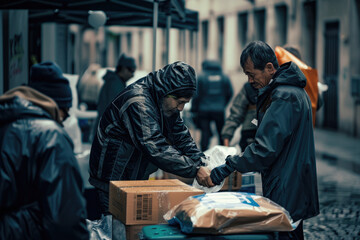 Poster - volunteers giving humanitarian aid to the victims