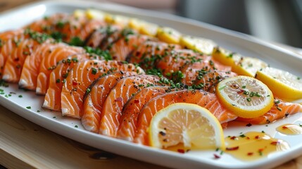 Wall Mural - White Plate Topped With Sliced Salmon