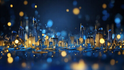 Blue and gold abstract Cityscape. with water. Particles and Bokeh. AI generativ.