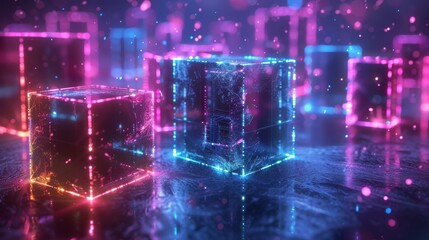 Sticker - Detailed modern illustration of 3d neon cubes composing on a dark space background. Cyberspace, high tech, futuristic modern illustration. Blockchain concept.