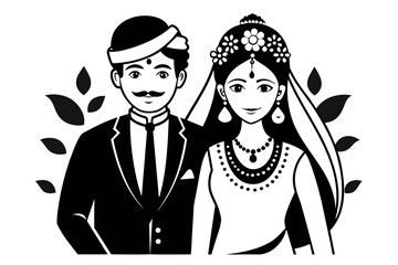 wedding Indian couple clipart black and white on white background