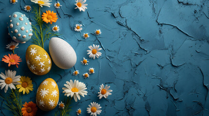 Wall Mural - beautiful background with easter eggs and daisies on an embossed light blue background, free space for any message