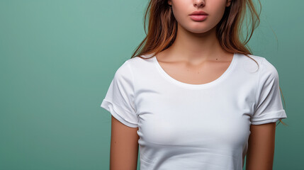 Wall Mural - young woman in white blank t-shirt on color background