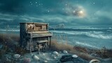 Fototapeta Uliczki - Envision a secluded cove where a weathered piano sits amidst driftwood and seashells