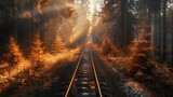 Fototapeta  - The image of a train track traversing a stunning autumn forest creates a sense of adventure and wonder, enhanced by warm sunrays and long shadows cast by tall trees, adding an eerie atmosphere