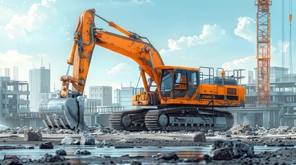 Poster - Construction site with excavator, truck, and crane graphic, building industry concept