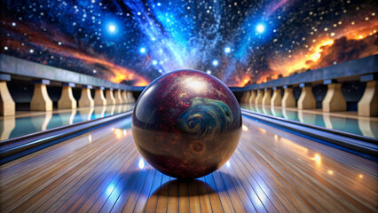 Canvas Print - A shiny bowling ball with a cosmic pattern rests on the shiny wooden surface of the bowling alley,leading to the ten pins at the end.A galaxy scene with stars and nebulae appears above the lane.AI gen