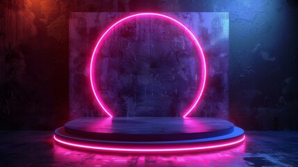 Leinwandbilder - 3D rendering of a blank product stand with neon lights on a dark background.