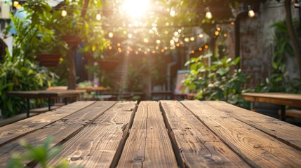 Fototapete - Wooden table top with natural cafe background. Concept of freshness.
