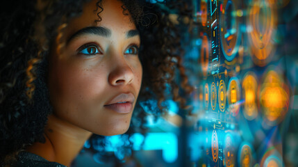 Wall Mural - AI cyber security threat illustration, black african american female IT specialist analysing data information technology, augmented reality artificial intelligence blue, side profile, copy space. 