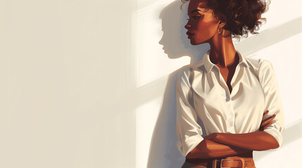 Wall Mural - beautiful slender black woman in a formal shirt crossed her arms on her chest and confidently looks in the direction of an empty seat against a white wall background