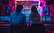 © Vadim - Sound engineer and female singer sitting in recording studio and working with sound equipment and mixing console. Both looking at the screen and listening to the music