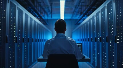 Fototapete - Close Up View of an IT Specialist working on a laptop in a data center next to server racks. This computer is running diagnostics or doing maintenance.
