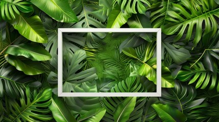 Wall Mural - Summer beauty in 3D with white frame and tropical leaves. White frame and tropical leaves on a natural beauty background.