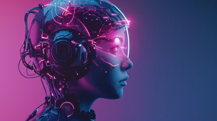 Fototapete - A cybernetic robot with artificial intelligence based on a neural network trained using a virtual display interface. The robot is flying through the sky and is equipped with a virtual reality display
