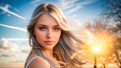 Sticker - Beautiful young blonde woman on the background of the sky