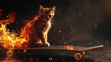 Flaming Kitten Riding A Skateboard On A Fiery Background
