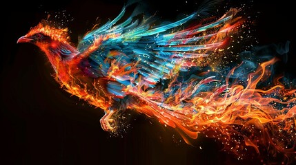 Wall Mural - Vibrant phoenix in fiery flight against a dark background