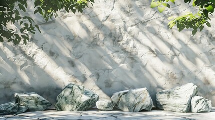 Aufkleber - Decorative beauty poduim backdrop with tree leaves and stone texture for cosmetic product displays. Visualization in 3D.