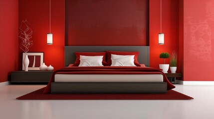 Wall Mural - Double bed near color wall in interior of stylish bedroom