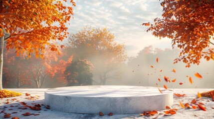 Fototapete - 3D render of an abstract autumn landscape scene with a podium background.