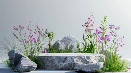 Poster - 3D rendering of a natural beauty podium backdrop with stone and flower grass...