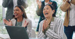 © peopleimages.com - Happy business women, team and applause in meeting, tradeshow or achievement of success in seminar. Diversity, crowd and people clapping to celebrate presentation, award or feedback at workshop event