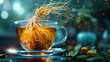 cup of tea in a glass cup with ginseng roots flying above the tea, herbal or apoptogenic tea for health boost and stress relief futuristic style
