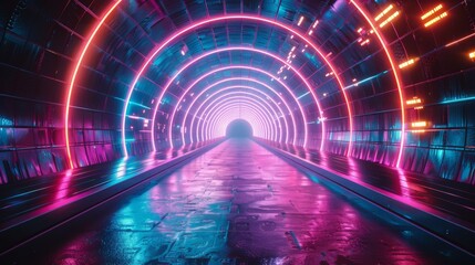 Aufkleber - In the distance is an abstract futuristic technology tunnel illuminated with neon lights. This is a 3D rendering of the futuristic technology tunnel.