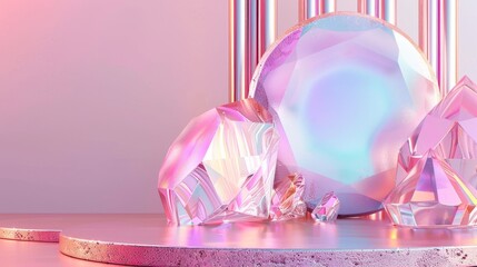 Aufkleber - 3D render of an abstract iridescent gem stone backdrop for a beauty fashion podium.