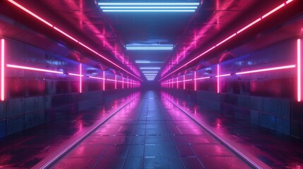 Wall Mural - Scene: A 3D scene with layers of neon lights. There is also a platform for product placement inside the tunnel.