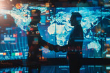 Fototapeta Przestrzenne - Silhouetted figures against an illuminated backdrop of a world map in a high-tech environment, symbolizing a strategic global partnership and international relations