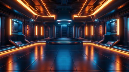 Aufkleber - Modern Future background with futuristic interior. Technology sci-fi hi-tech concept. 3D render....