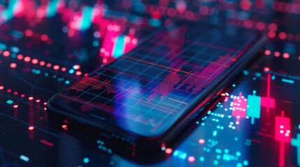 Poster - Three-dimensional rendering of a cellular phone on a blue background with an attractive forex chart on top. A trade, finance, technology, and communication concept is explored.