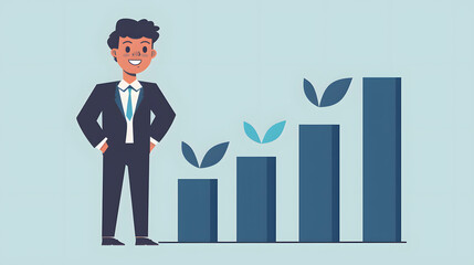 Wall Mural - Create an image of a businessman with a confident expression, standing next to a bar chart showing increasing returns on investment
