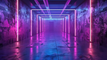 Poster - Luminous purple and blue neon lights in a dark room