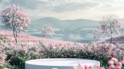 Sticker - A spring rose flower field scene set against a natural beauty podium backdrop. 3D rendering.