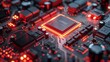 Rendering of cyberpunk artificial intelligence on a circuit board. Conceptual rendering of CPU and GPU operations on a motherboard. Digital chip on the motherboard. Background in tech sciences...